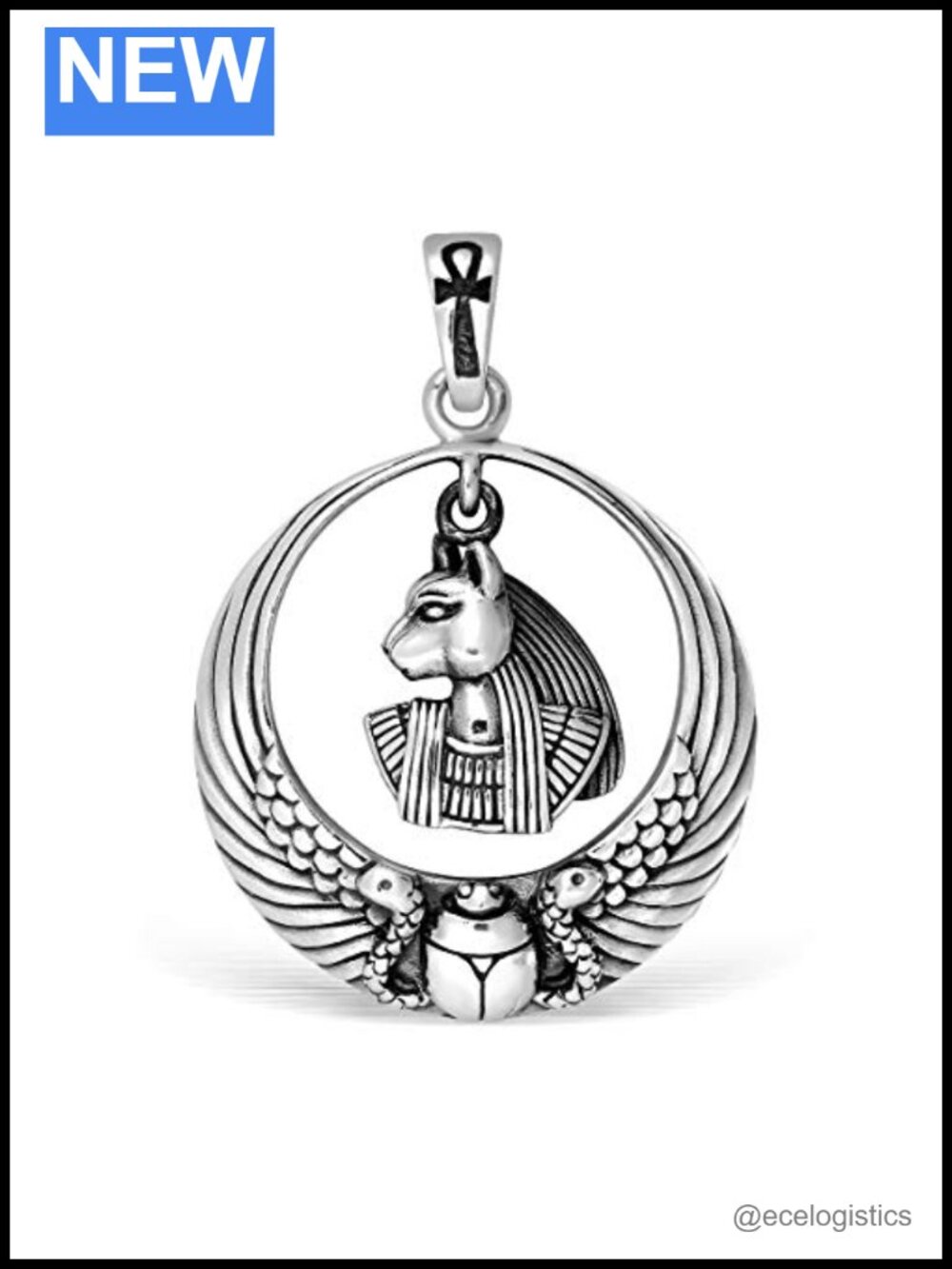 925 Sterling Silver Egyptian Scarab Goddess Ankh Bail Pendant Necklace